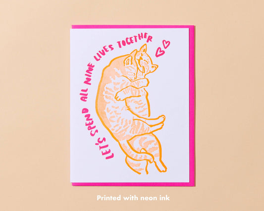 Letterpress Love or Anniversary Card—All Nine Lives (Cats) - Spiral Circle