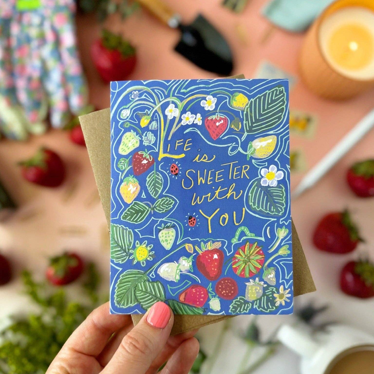 Life Is Sweeter With You (Strawberries and Ladybugs) | Valentine's Day, Love, Friendship, Birthday, Thank you Card - Spiral Circle