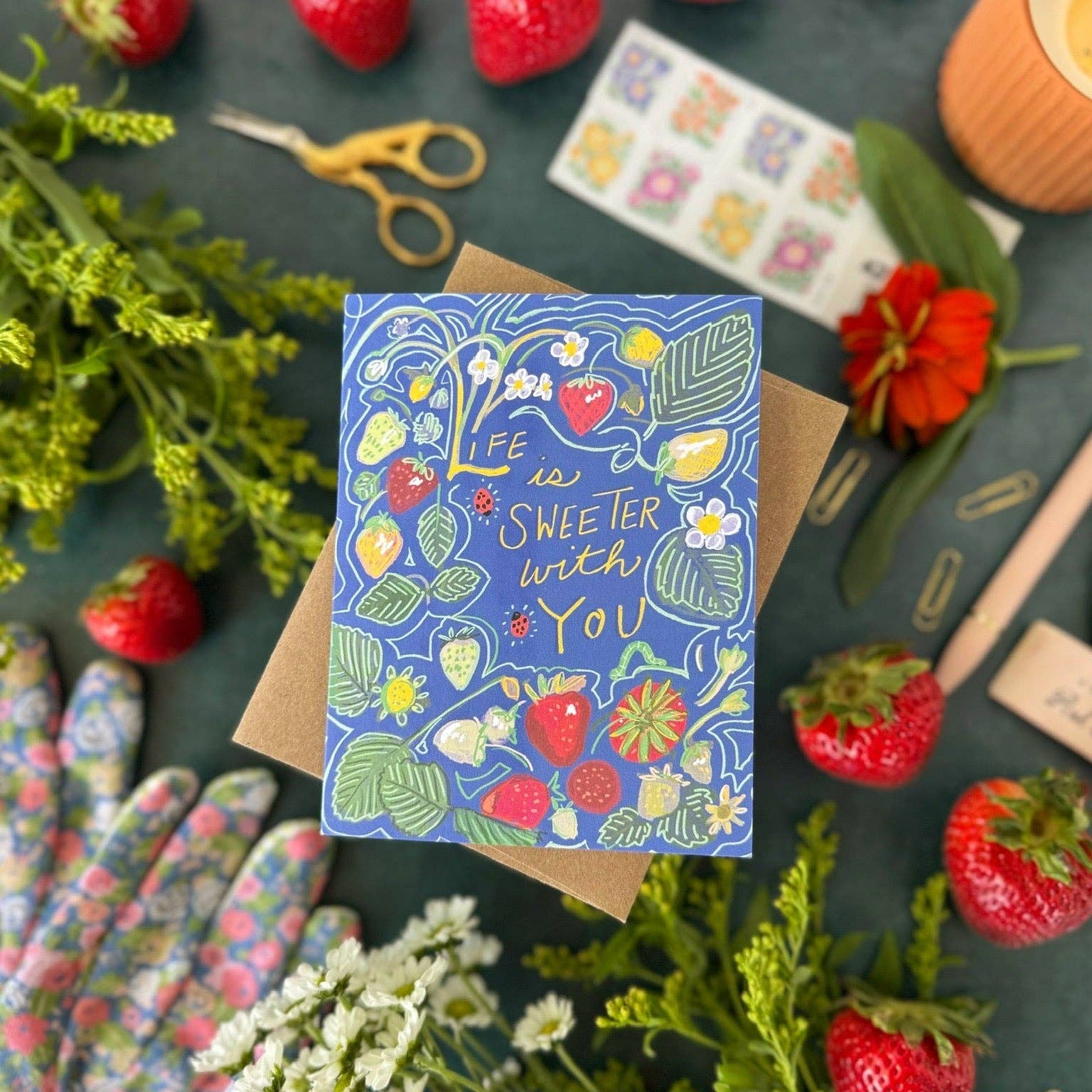 Life Is Sweeter With You (Strawberries and Ladybugs) | Valentine's Day, Love, Friendship, Birthday, Thank you Card - Spiral Circle
