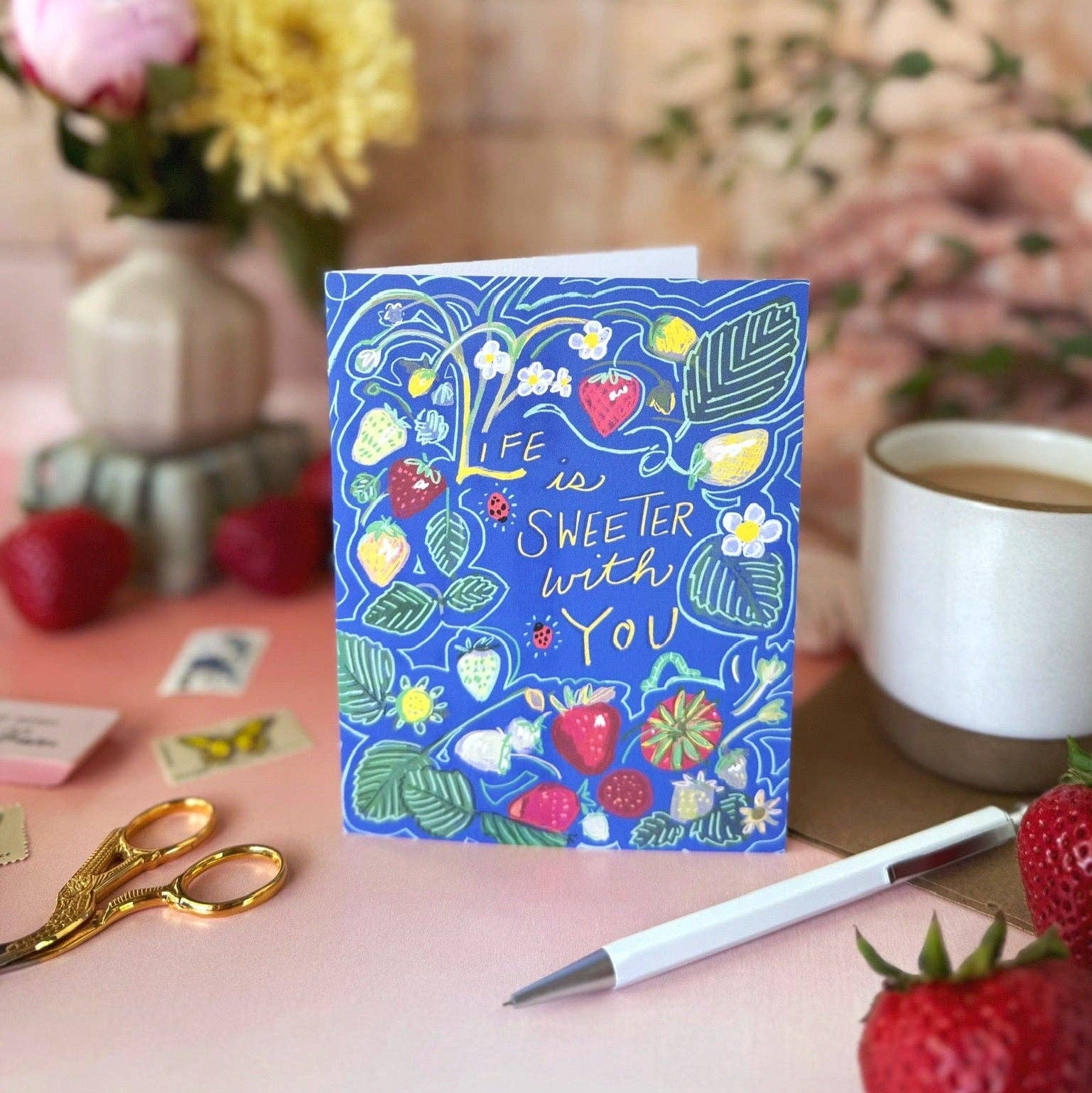Life Is Sweeter With You (Strawberries and Ladybugs) | Valentine's Day, Love, Friendship, Birthday, Thank you Card - Spiral Circle
