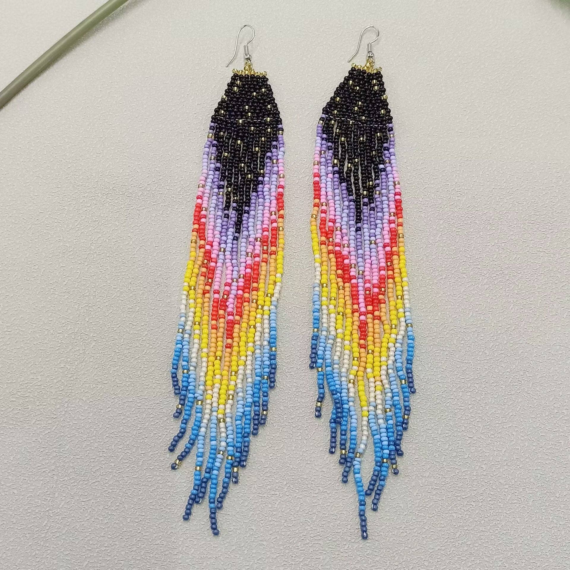 Long Bohemian Rainbow Seed Beads Fringe Earrings - BJ/SB - Spiral Circle