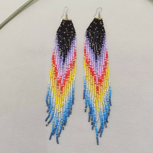 Long Bohemian Rainbow Seed Beads Fringe Earrings - BJ/SB - Spiral Circle