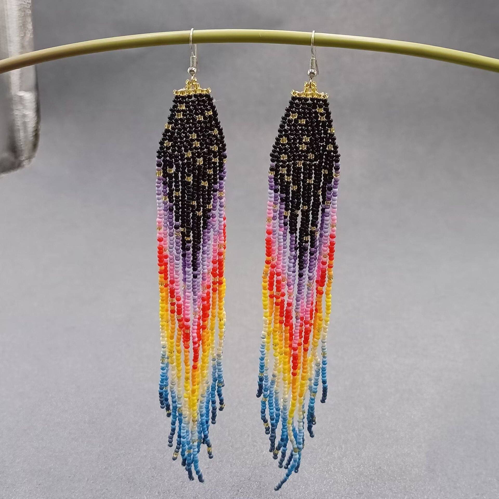 Long Bohemian Rainbow Seed Beads Fringe Earrings - BJ/SB - Spiral Circle