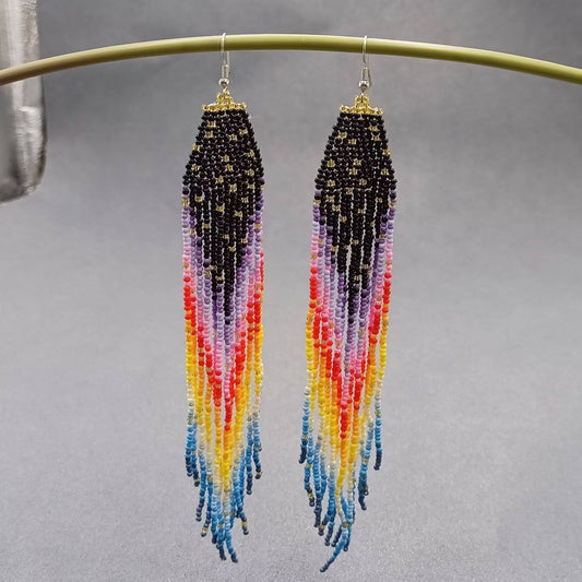Long Bohemian Rainbow Seed Beads Fringe Earrings - BJ/SB - Spiral Circle