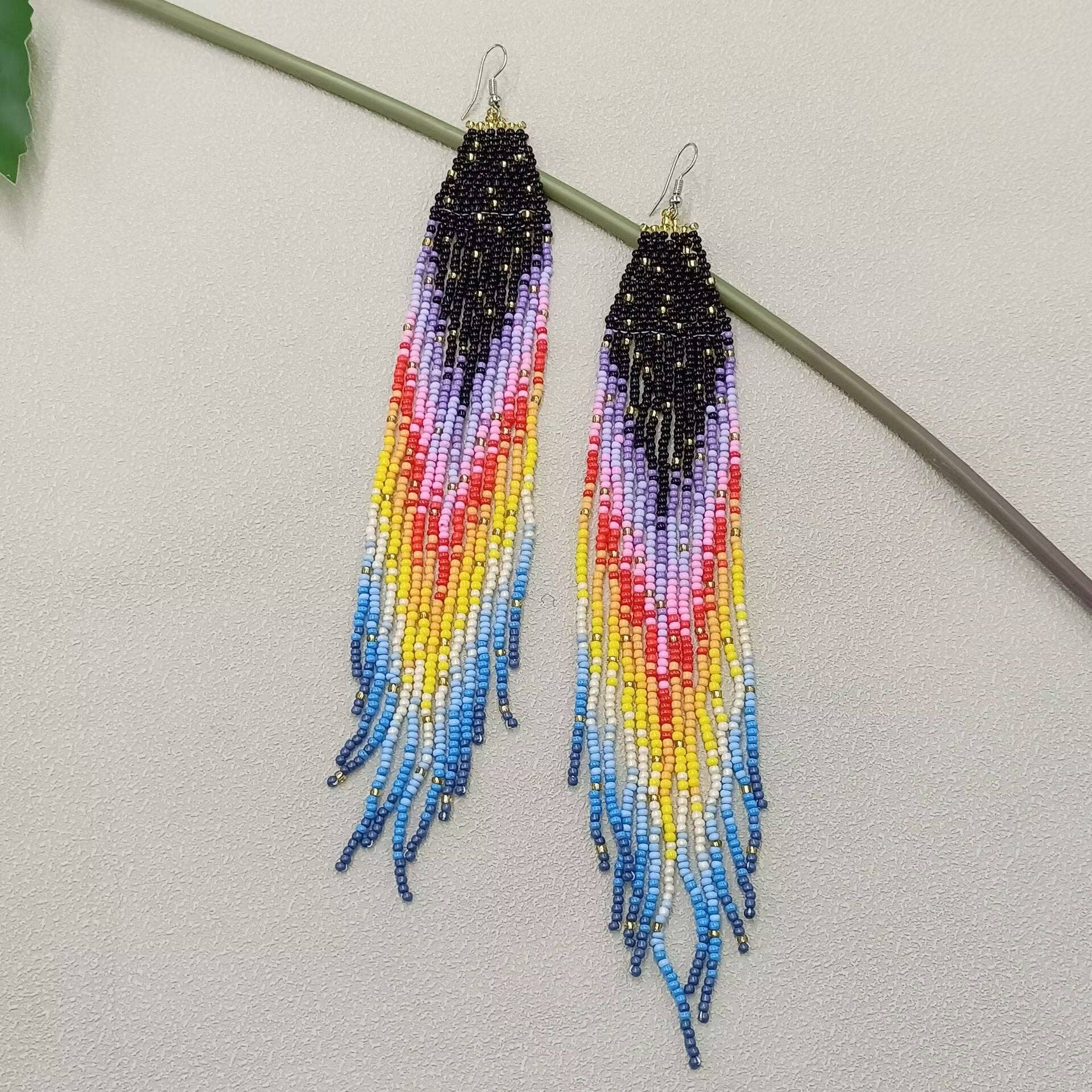 Long Bohemian Rainbow Seed Beads Fringe Earrings - BJ/SB - Spiral Circle