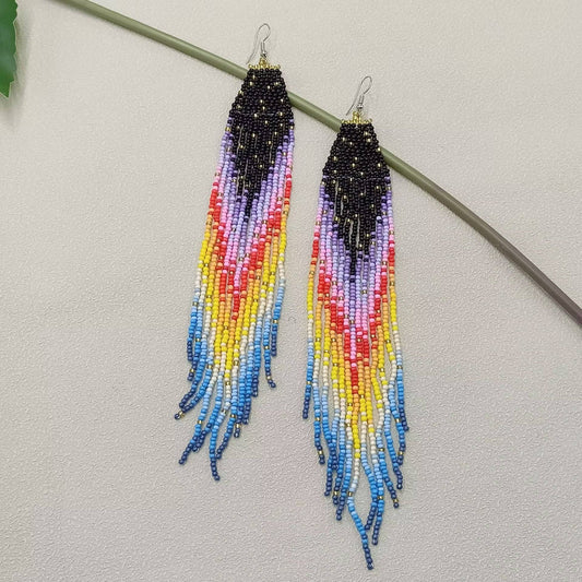 Long Bohemian Rainbow Seed Beads Fringe Earrings - BJ/SB - Spiral Circle