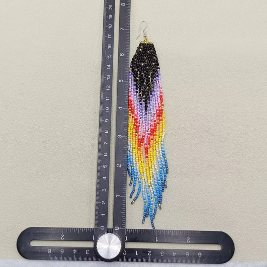 Long Bohemian Rainbow Seed Beads Fringe Earrings - BJ/SB - Spiral Circle