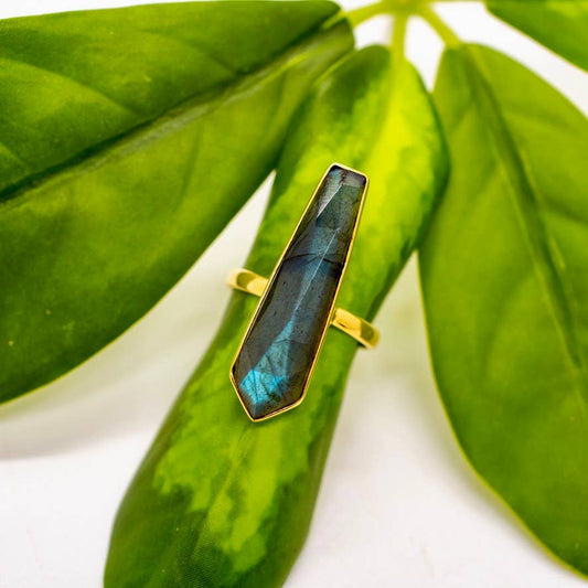 Long Brass Labradorite Bar Ring - Spiral Circle