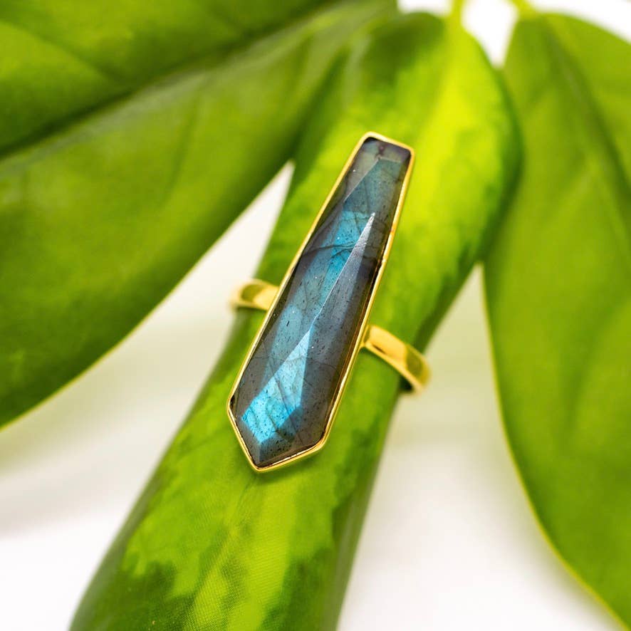 Long Brass Labradorite Bar Ring - Spiral Circle
