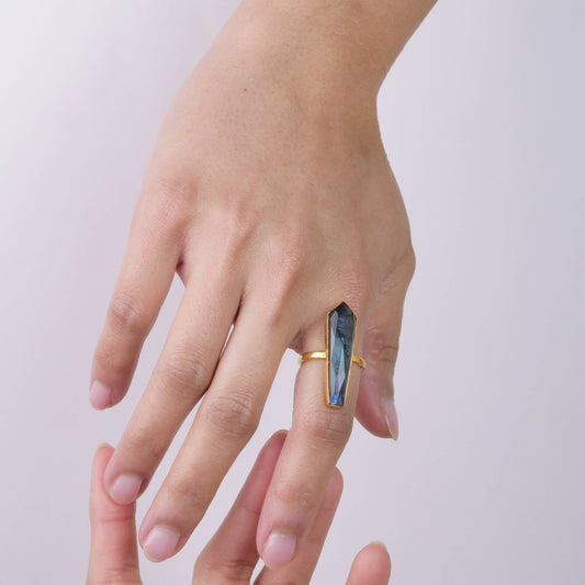 Long Brass Labradorite Bar Ring - Spiral Circle