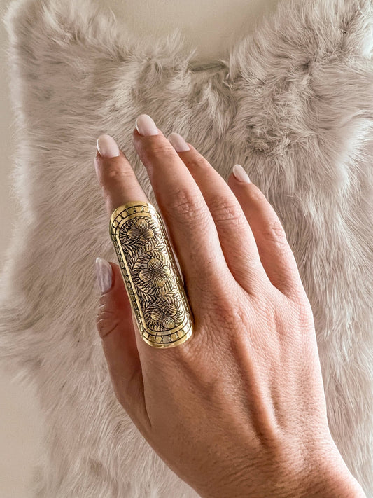 Long Etched Brass Ring - Spiral Circle