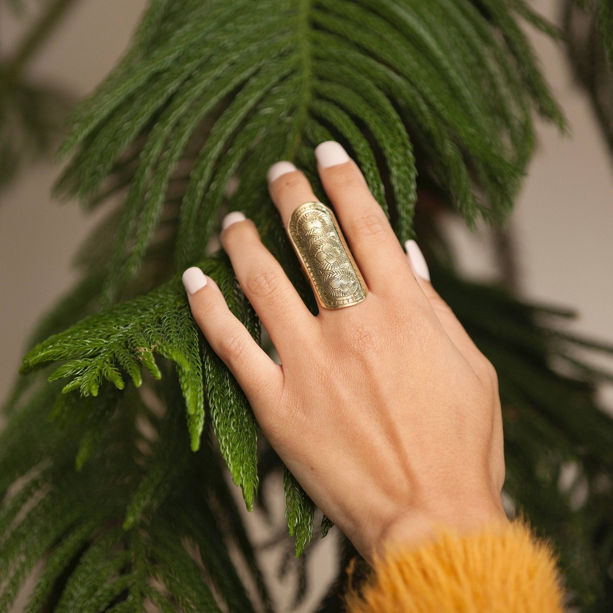 Long Etched Brass Ring - Spiral Circle