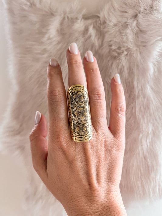 Long Etched Brass Ring - Spiral Circle