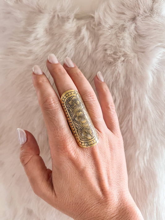 Long Etched Brass Ring - Spiral Circle