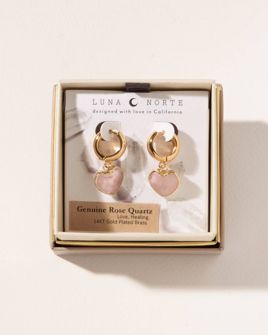 Love, Actually Gemstone Heart Huggie Hoop Earrings | Rose Quartz - Spiral Circle