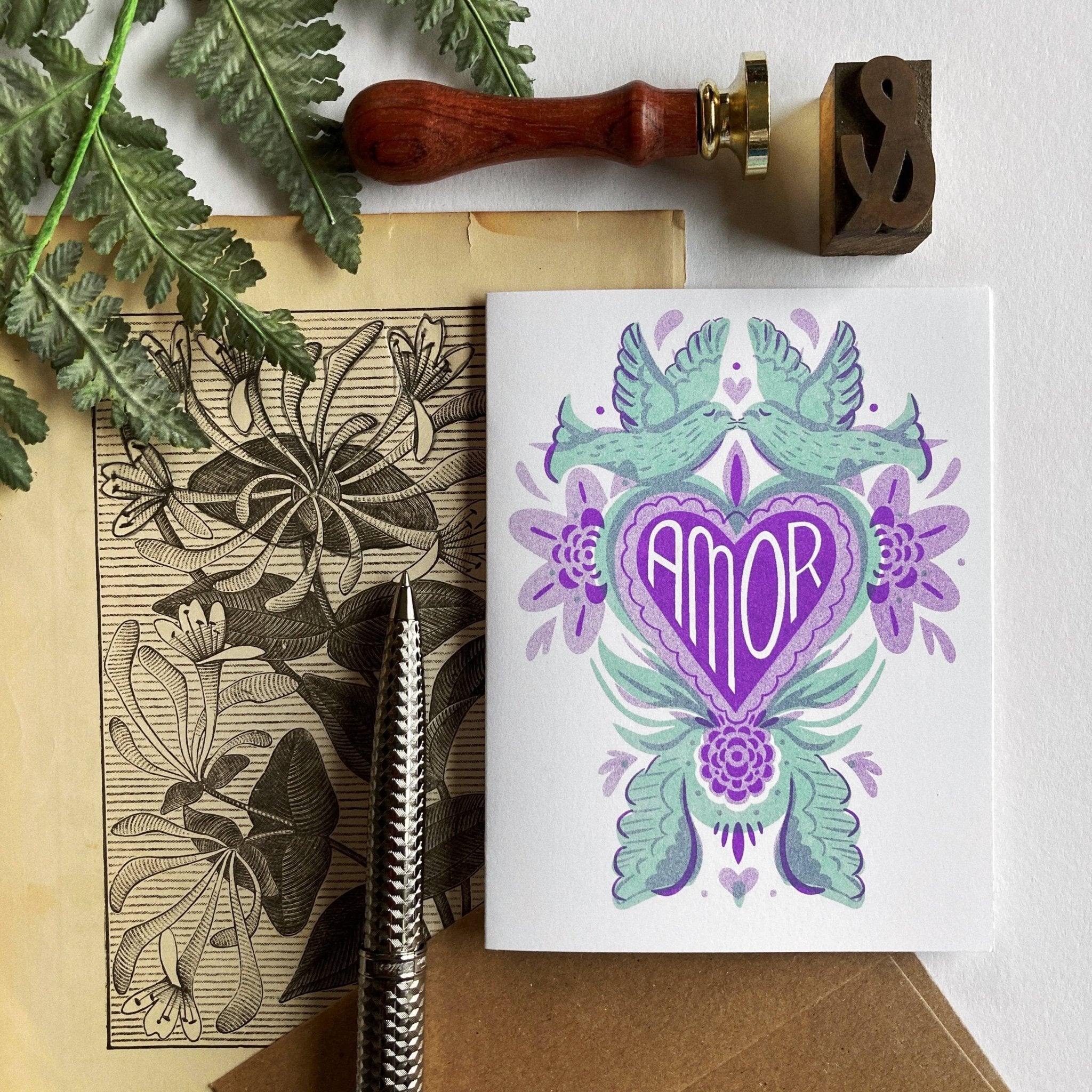 Love Birds "Amor" Spanish  Risograph Greeting Card - Spiral Circle