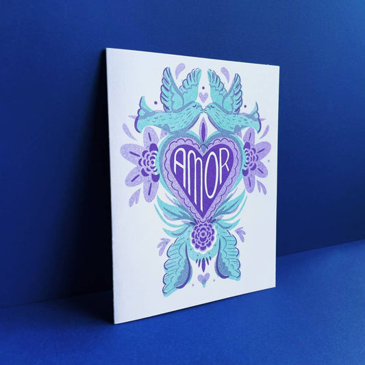 Love Birds "Amor" Spanish  Risograph Greeting Card - Spiral Circle