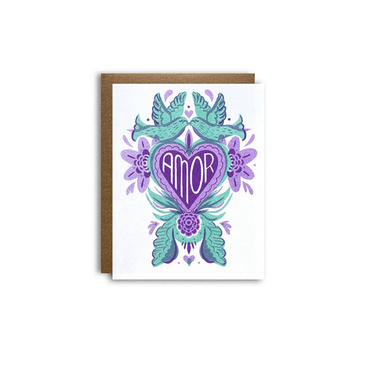 Love Birds "Amor" Spanish  Risograph Greeting Card - Spiral Circle