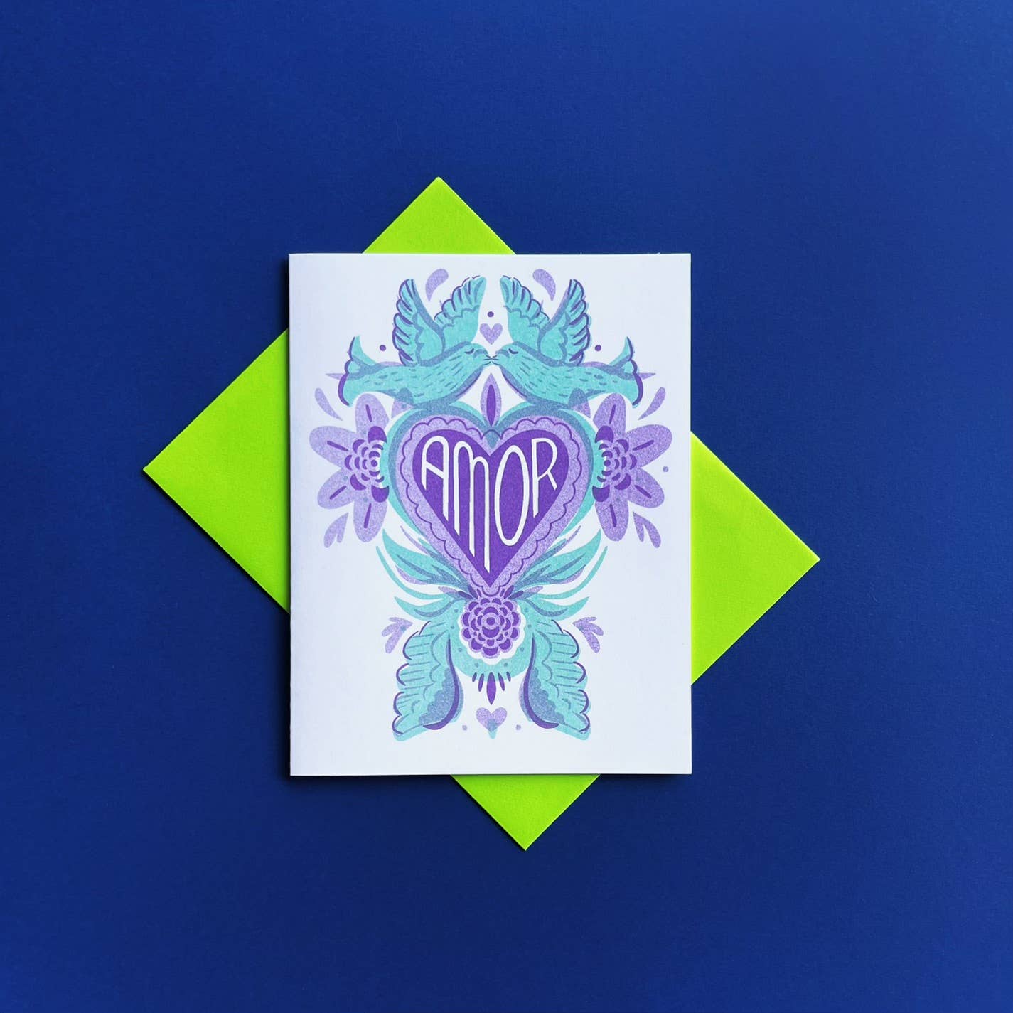 Love Birds "Amor" Spanish  Risograph Greeting Card - Spiral Circle