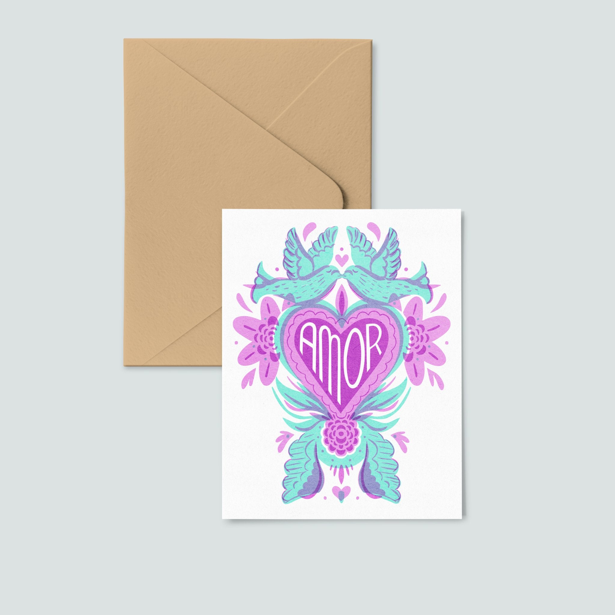 Love Birds "Amor" Spanish  Risograph Greeting Card - Spiral Circle