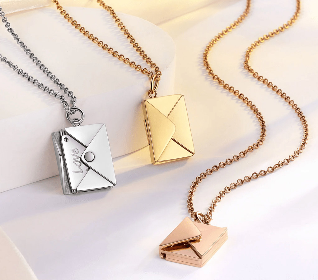Love Letter Steel Envelope and Letter Necklace - Spiral Circle