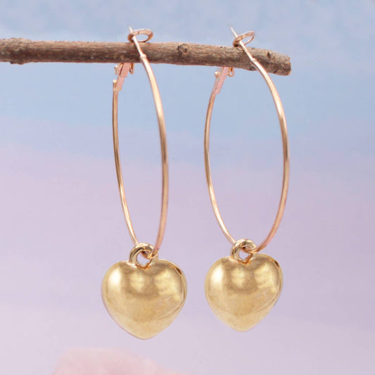 Lovely Style Gold Heart Charm Hoop Earrings - Spiral Circle