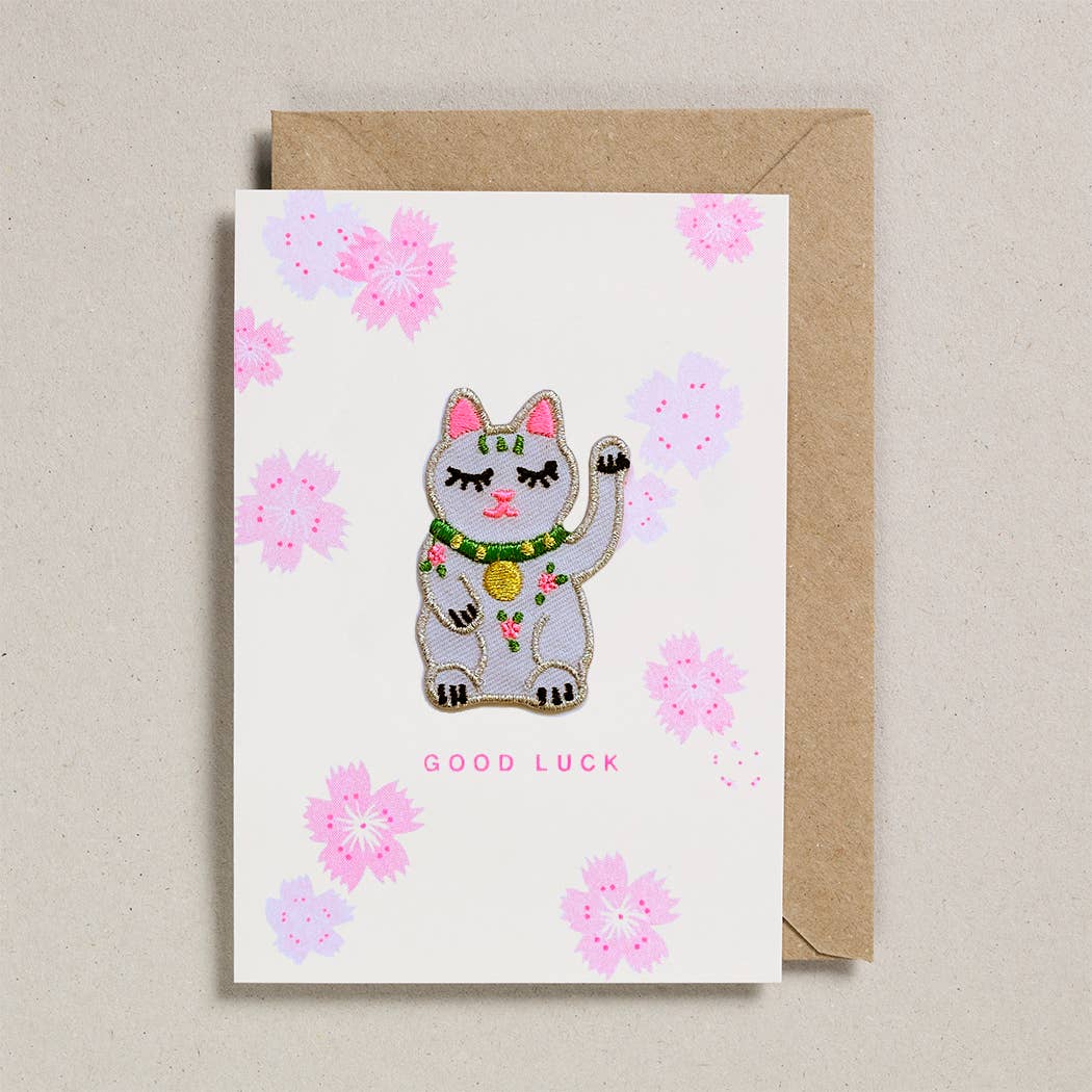 Lucky Cat Flowers Greeting Card (with Iron On Patch) - Spiral Circle