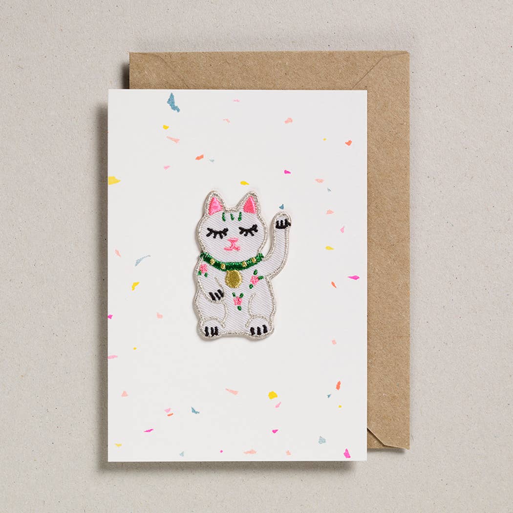 Lucky Waving Cat Greeting Card (with Iron On Patch) - Spiral Circle