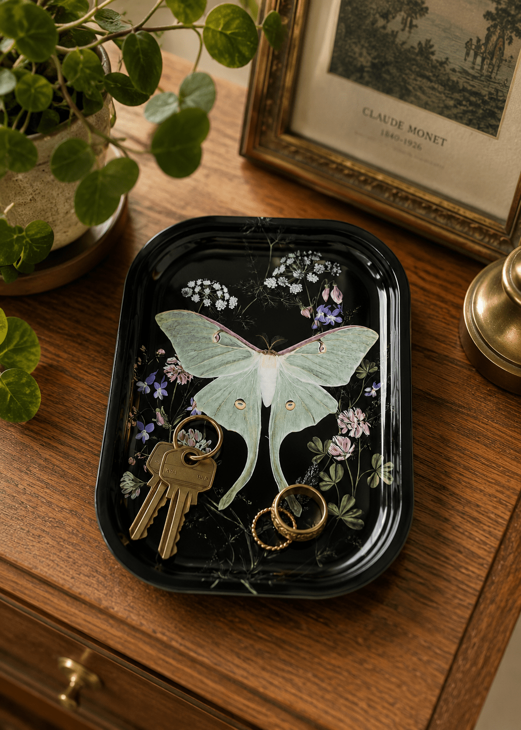 Luna Moth Wildflowers Metal Tray - Spiral Circle