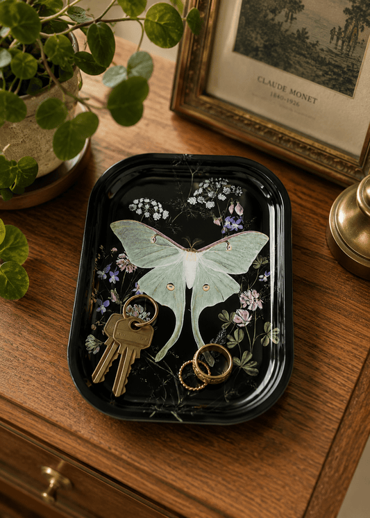 Luna Moth Wildflowers Metal Tray - Spiral Circle