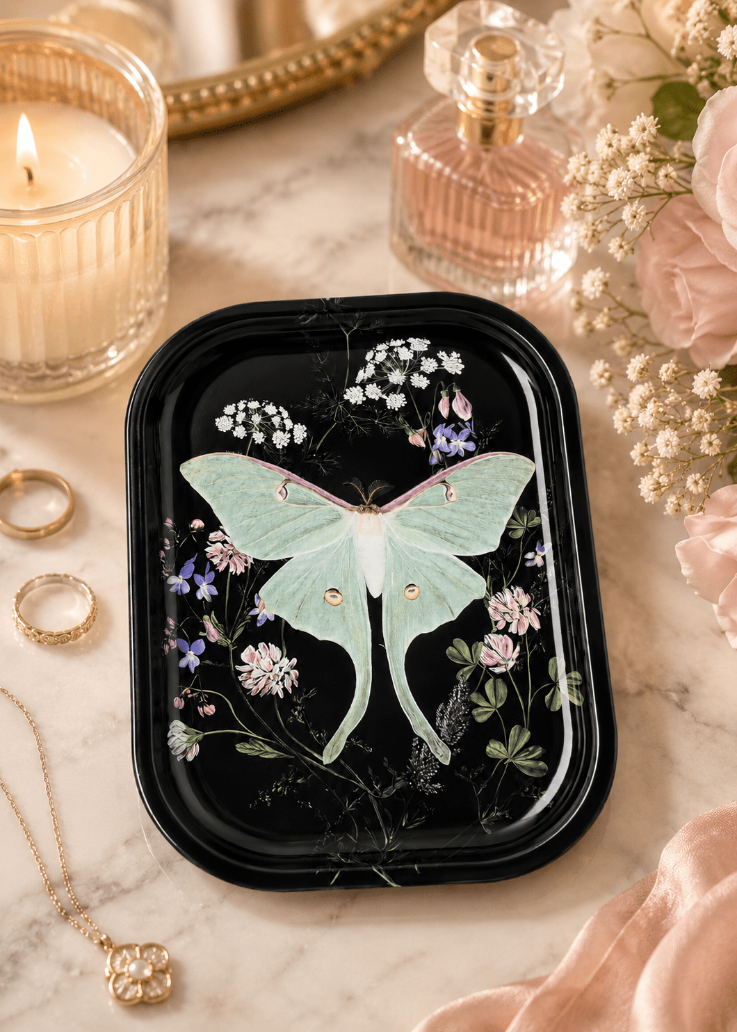 Luna Moth Wildflowers Metal Tray - Spiral Circle