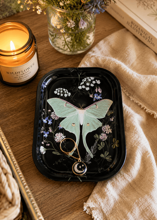 Luna Moth Wildflowers Metal Tray - Spiral Circle