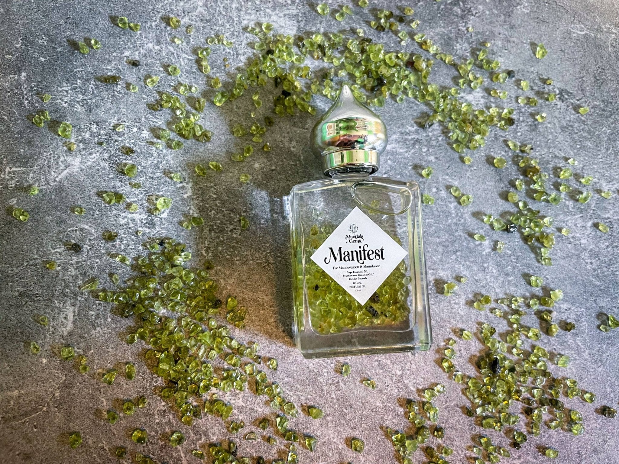 MANIFEST Perfume Oil for MANIFESTATION with Peridot and Sage - Spiral Circle