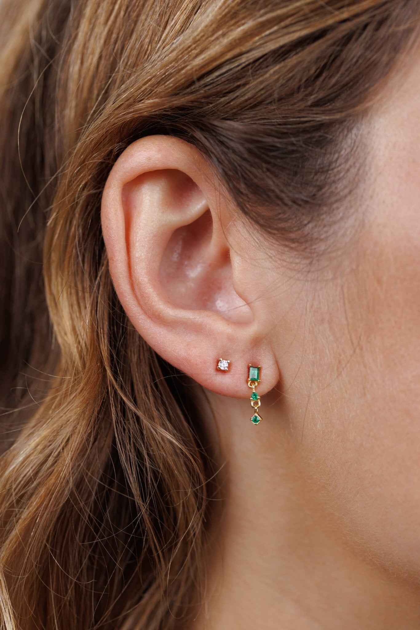Mini Baguette Drop Earrings | Emerald - Spiral Circle