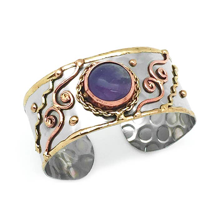 Mixed Metal Cuff Bracelet - Amethyst - Spiral Circle