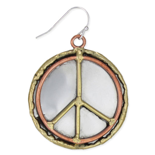 Mixed Metal Textured Peace Sign Earrings - Spiral Circle