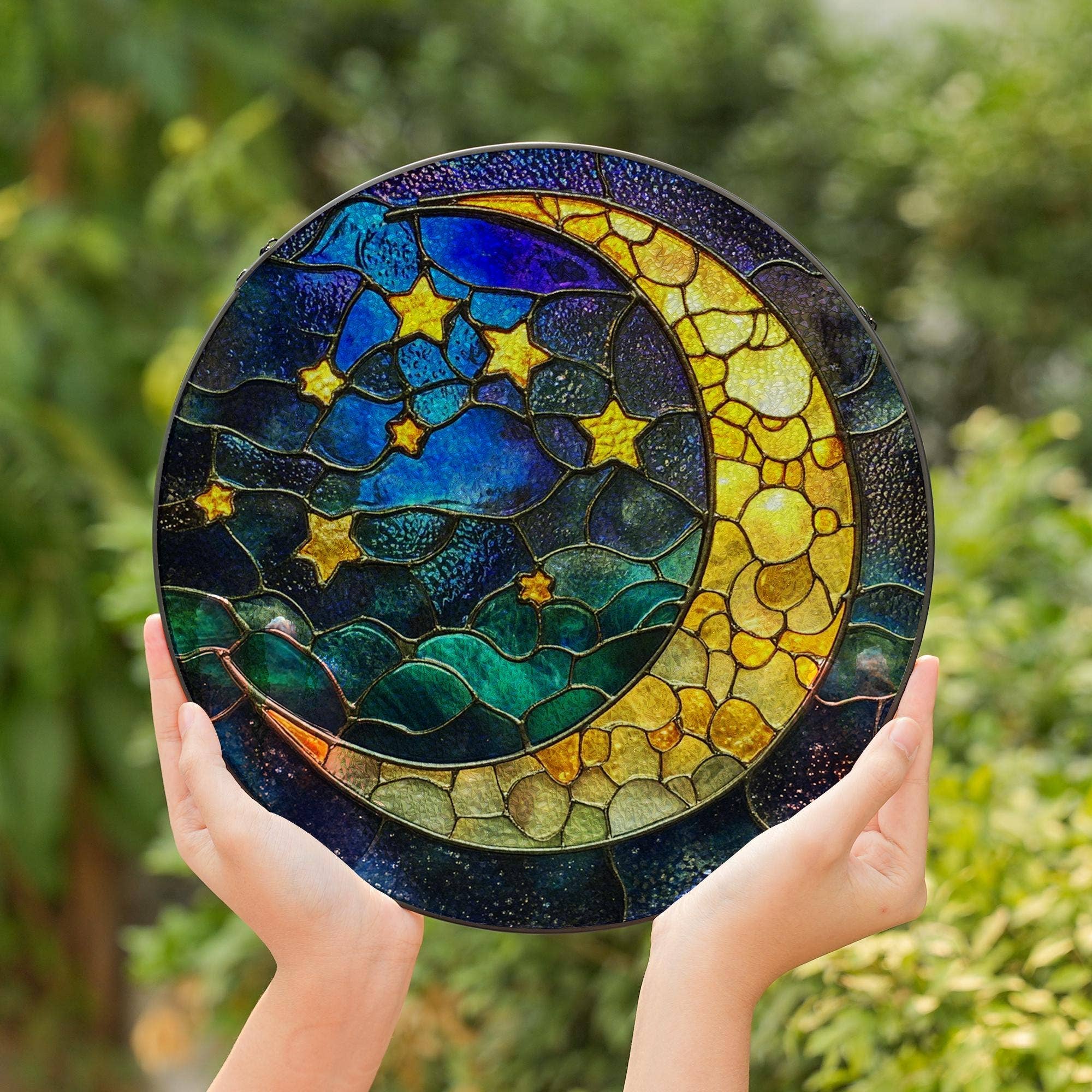 Moon and Stars Stained Glass Suncatcher, Mystical Night - Spiral Circle