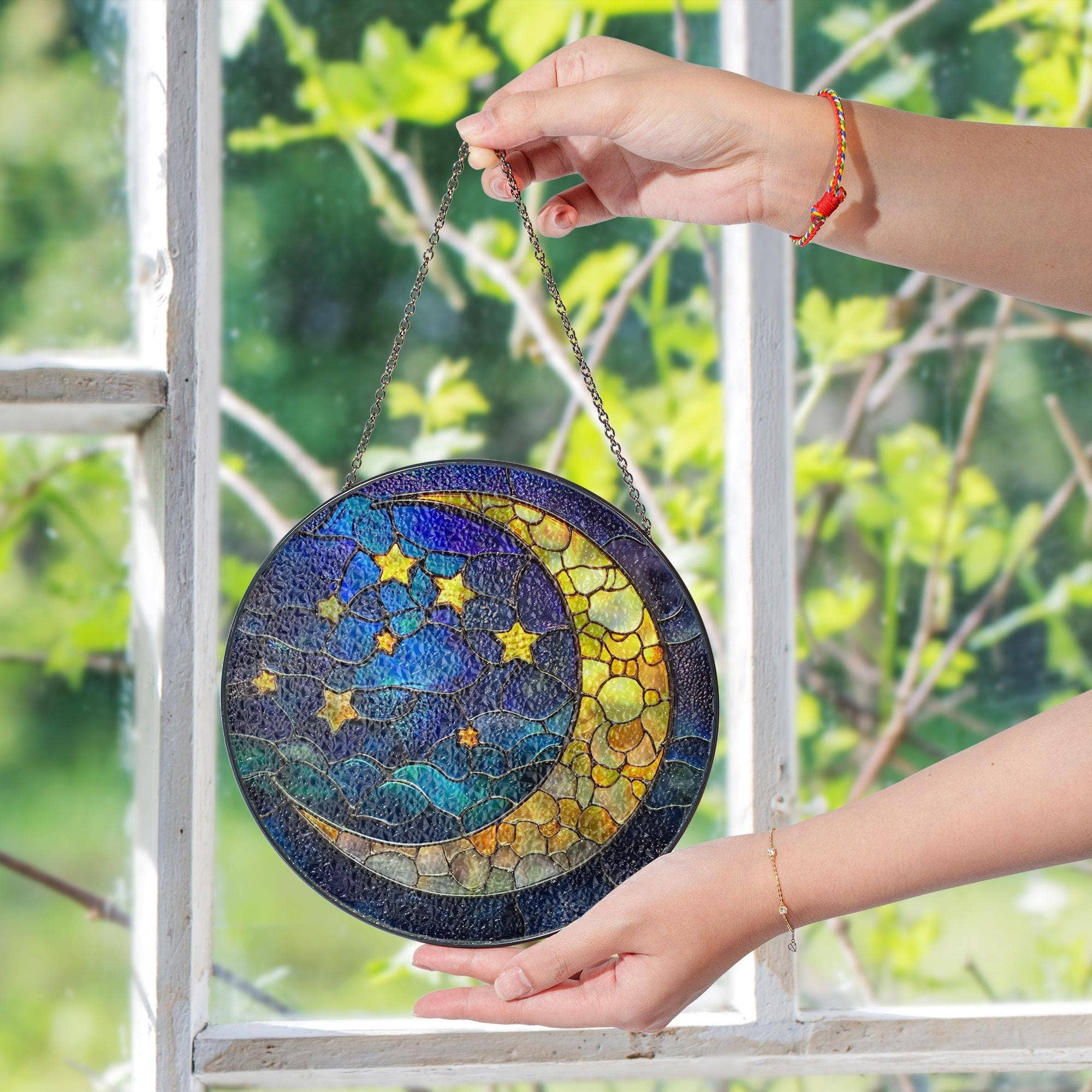Moon and Stars Stained Glass Suncatcher, Mystical Night - Spiral Circle