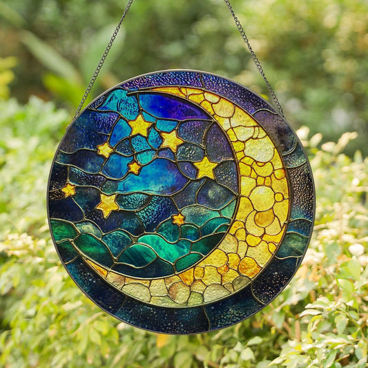Moon and Stars Stained Glass Suncatcher, Mystical Night - Spiral Circle