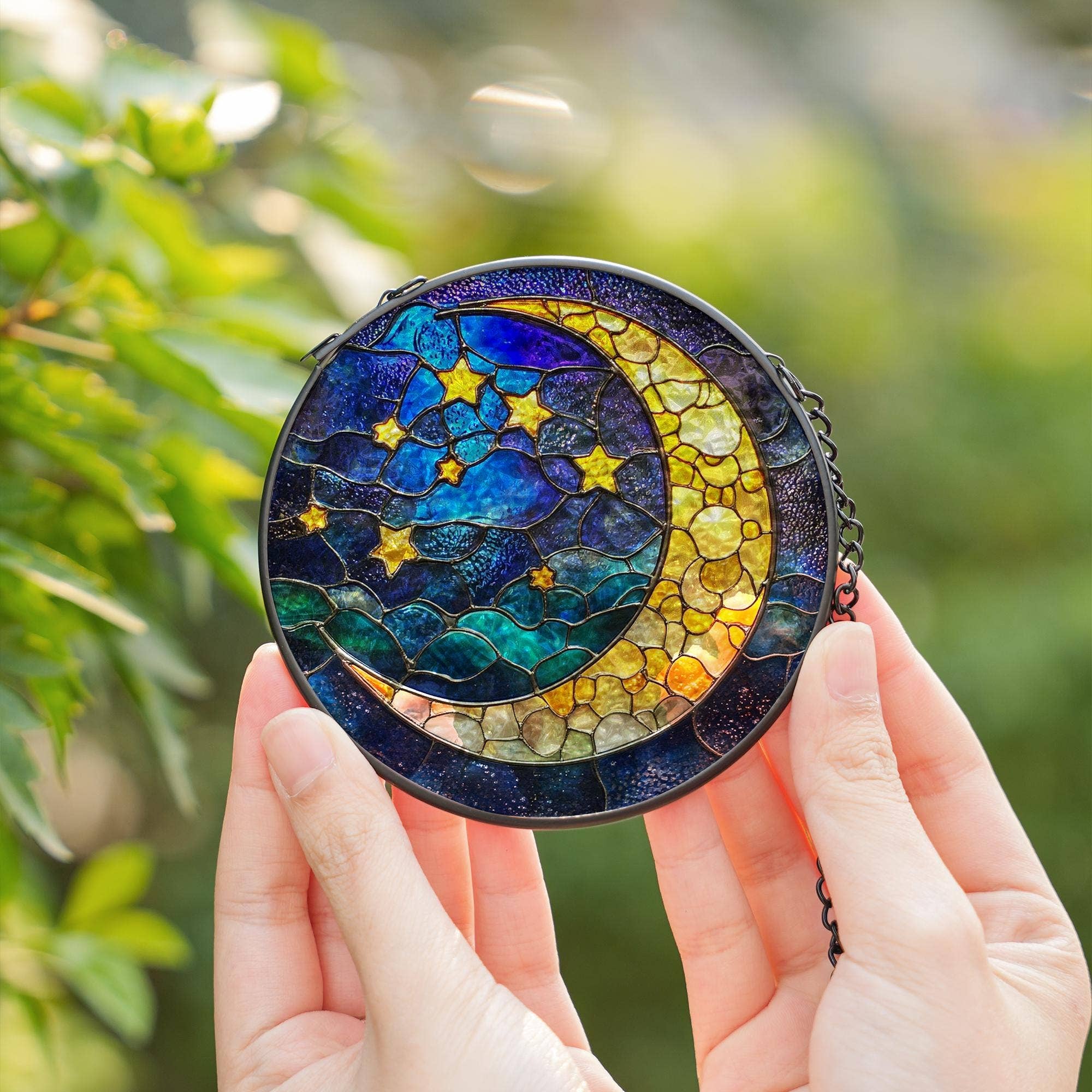Moon and Stars Stained Glass Suncatcher, Mystical Night - Spiral Circle