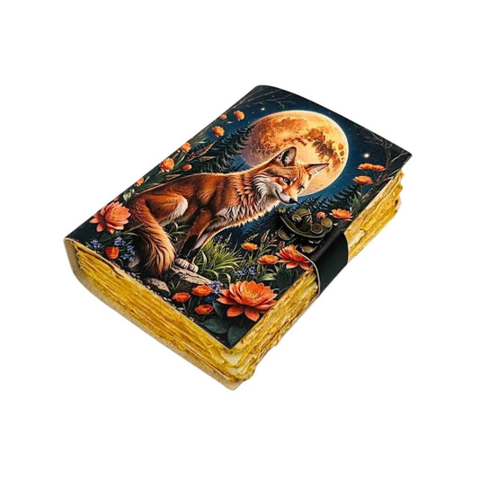 Moon Fox Vintage Leather Cover Journal Handmade Paper Diary - Spiral Circle