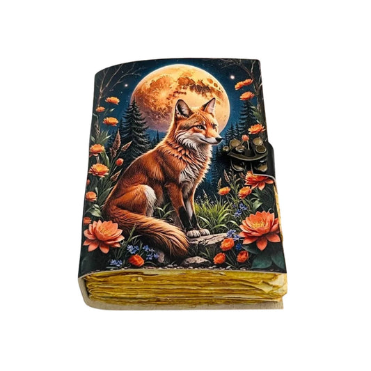 Moon Fox Vintage Leather Cover Journal Handmade Paper Diary - Spiral Circle