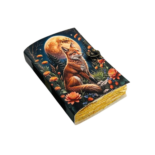 Moon Fox Vintage Leather Cover Journal Handmade Paper Diary - Spiral Circle