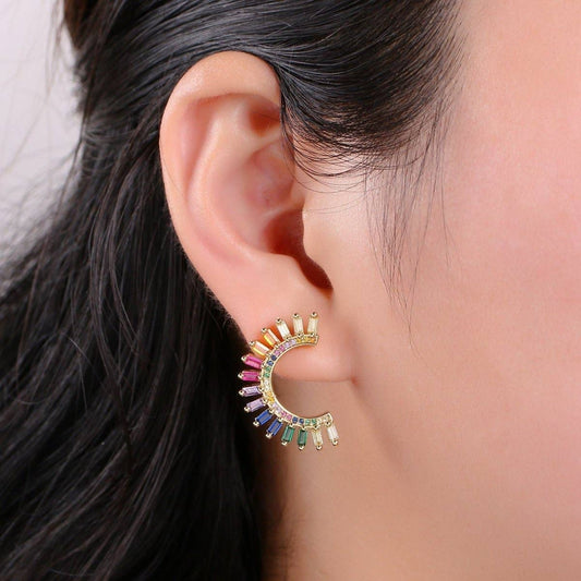 Moon Rainbow Gold Plated Stud Earrings - Spiral Circle