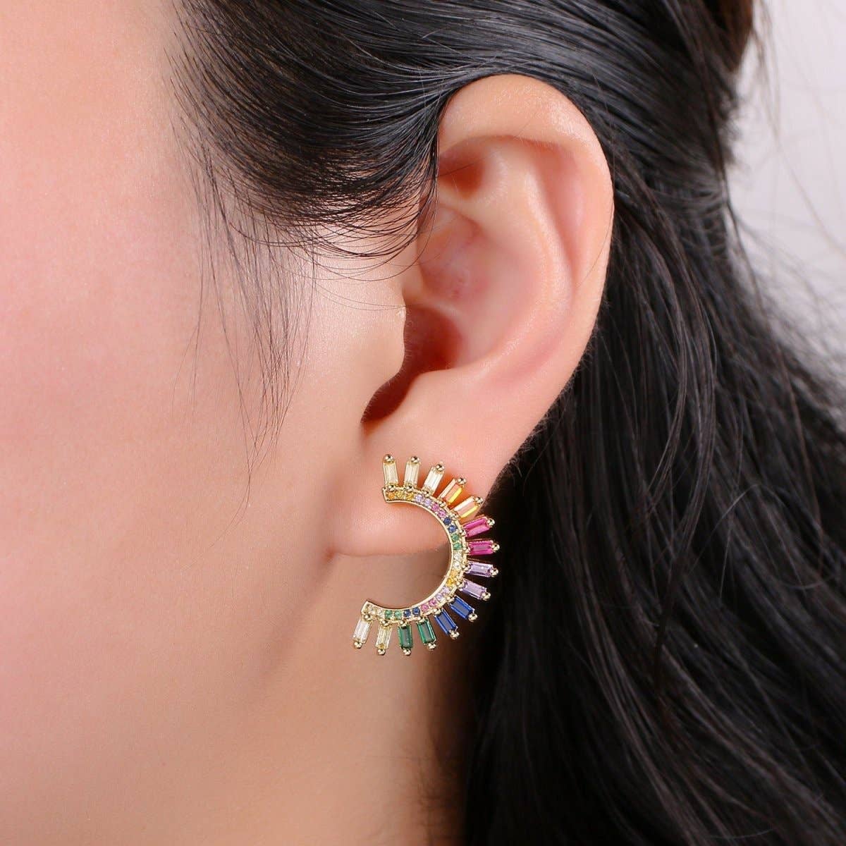 Moon Rainbow Gold Plated Stud Earrings - Spiral Circle
