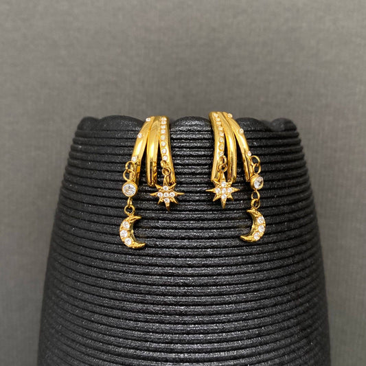 Moon & Star 18K Gold Plated Earrings - Spiral Circle