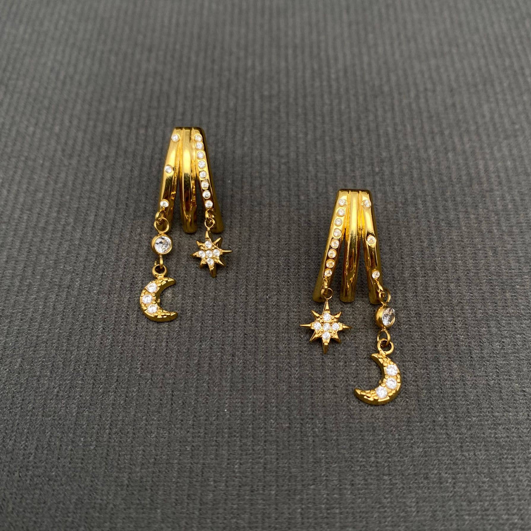 Moon & Star 18K Gold Plated Earrings - Spiral Circle