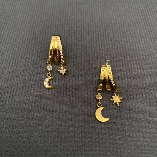 Moon & Star 18K Gold Plated Earrings - Spiral Circle