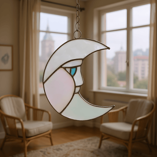 Mr. Moon Stained Glass Suncatcher | 5" × 4" - Spiral Circle