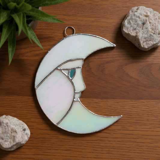 Mr. Moon Stained Glass Suncatcher | 5" × 4" - Spiral Circle